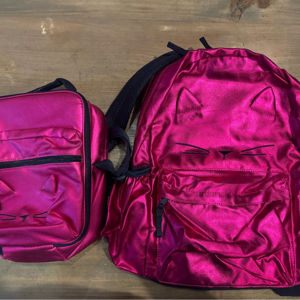 New NWT Gap Metallic Pink Cat Kitty Backpack Lunchbox Set
